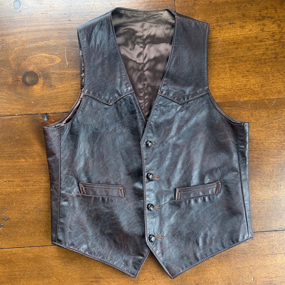 Vtg Dark Brown Leather Vest Button Up Sz 42